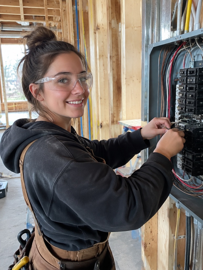 Lernende Elektrikerin am Verteilerkasten