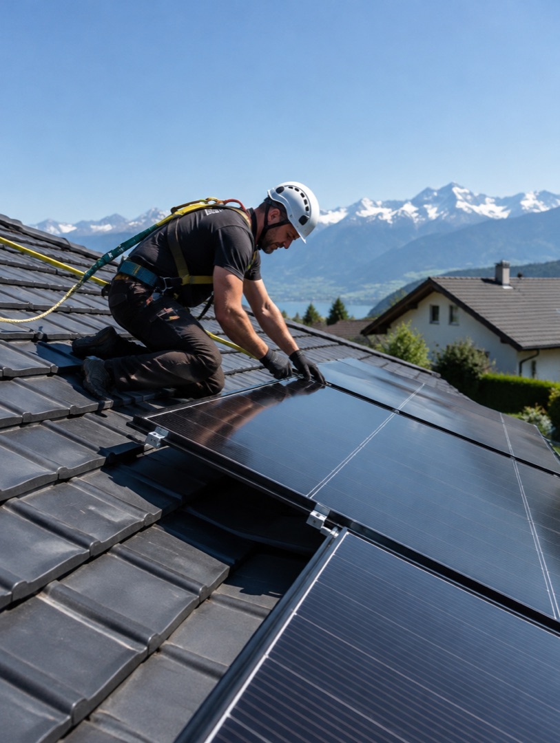 Dachdecker montiert Solarpanels