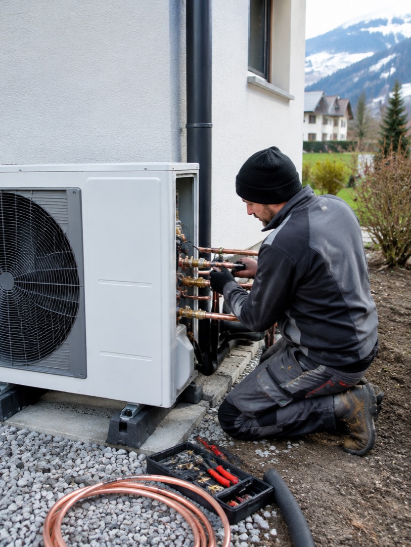 Installateur schliesst eine Wärmepumpe an